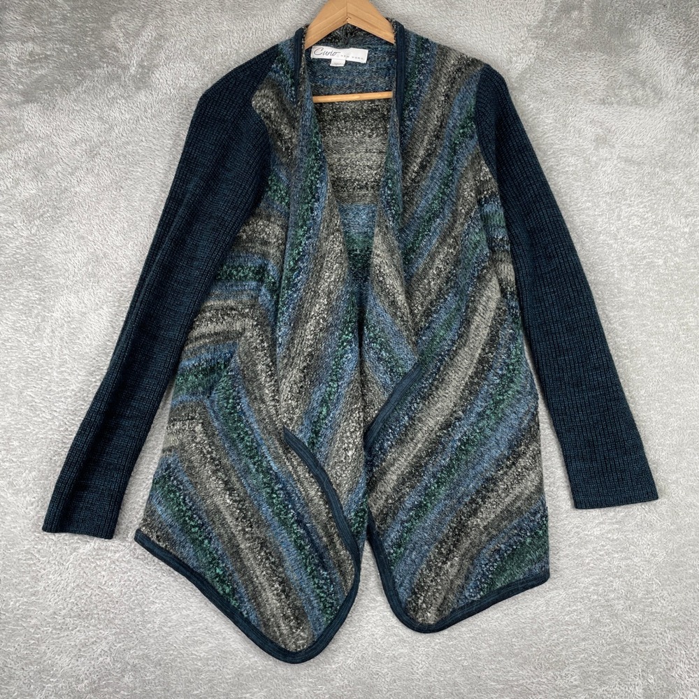 Curio New York Cardigan Women Large Striped Draped Open Wool‎ Blend Lagenlook